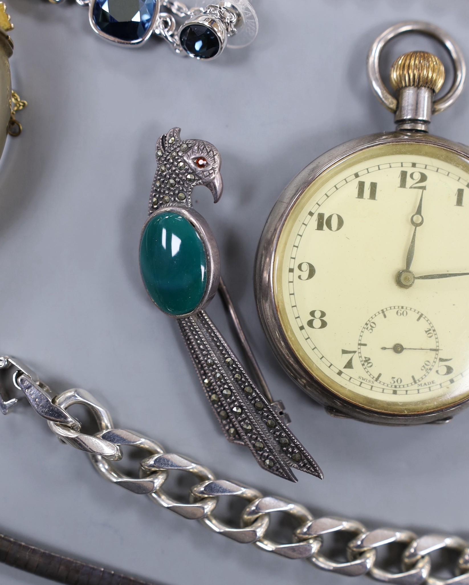 Two silver open faced pocket watches and a group of minor jewellery including bracelets, pendant, bangle, cultured pearl necklace etc.